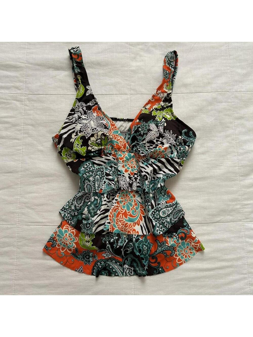 Y2K multicoloured paisley print ruffle tankini top Size medium